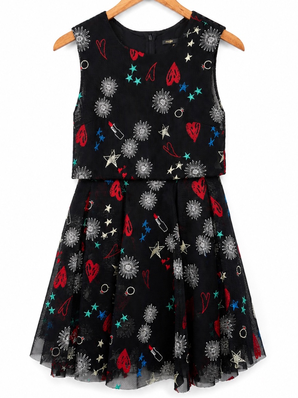 Maje Rachel Heart Floral Embroidered Mesh Mini Dress Black Sleeveless ALine 
Sz2 - Picture 2 of 11